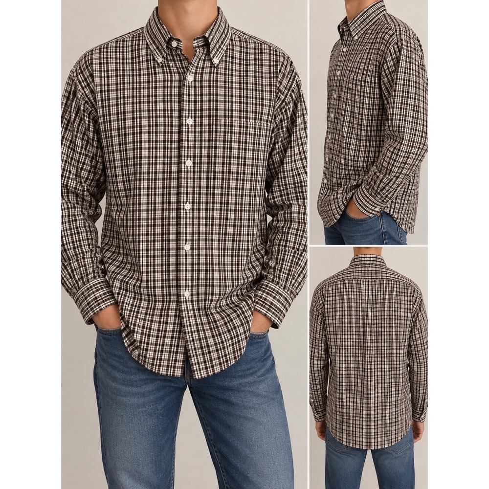 Brooks Brothers Mens Brown Plaid Supima Cotton Non-Iron Button Down Shirt Large